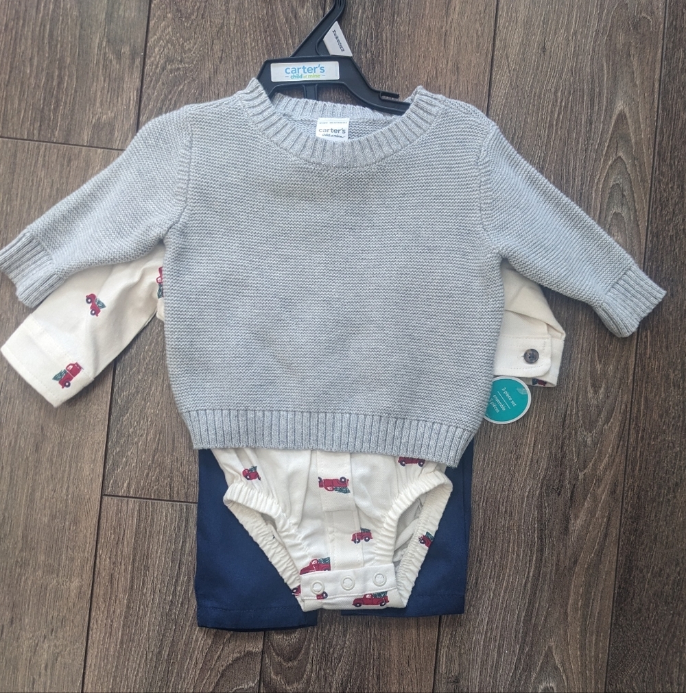 Carter's Baby Knit Sweater, Pants & Bodysuit Set - Light Gray & Navy - Newborn